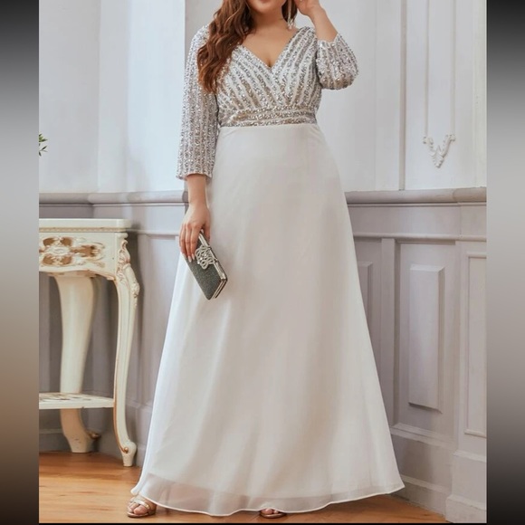 Plus size luxe V neck sequins party formal gown dress - Picture 4 of 8